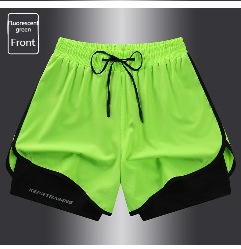 Shorts esportivos casuais anti-exposição de camada dupla masculinos, mais vendidos no verão, para corrida, fitness, calças três quartos