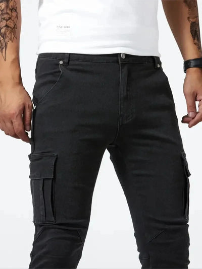 Calça jeans cargo masculina elástica de rua 2025, calça jeans lavada, cor sólida, vários bolsos, casual, cintura média, slim, uso diário, para corrida
