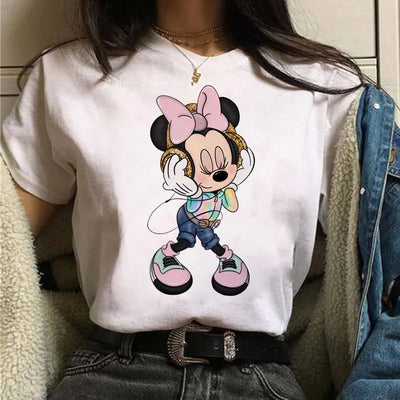 Camisetas fofas de desenho animado da Disney, Mickey Mouse, estampa de leopardo, Minnie, camiseta feminina, verão, branca, manga curta, gola redonda, tops masculinos