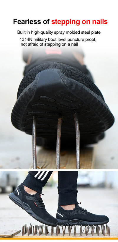 Tênis de trabalho com biqueira de aço, calçados de segurança masculinos à prova de furos, botas de trabalho da moda, calçados indestrutíveis de segurança
