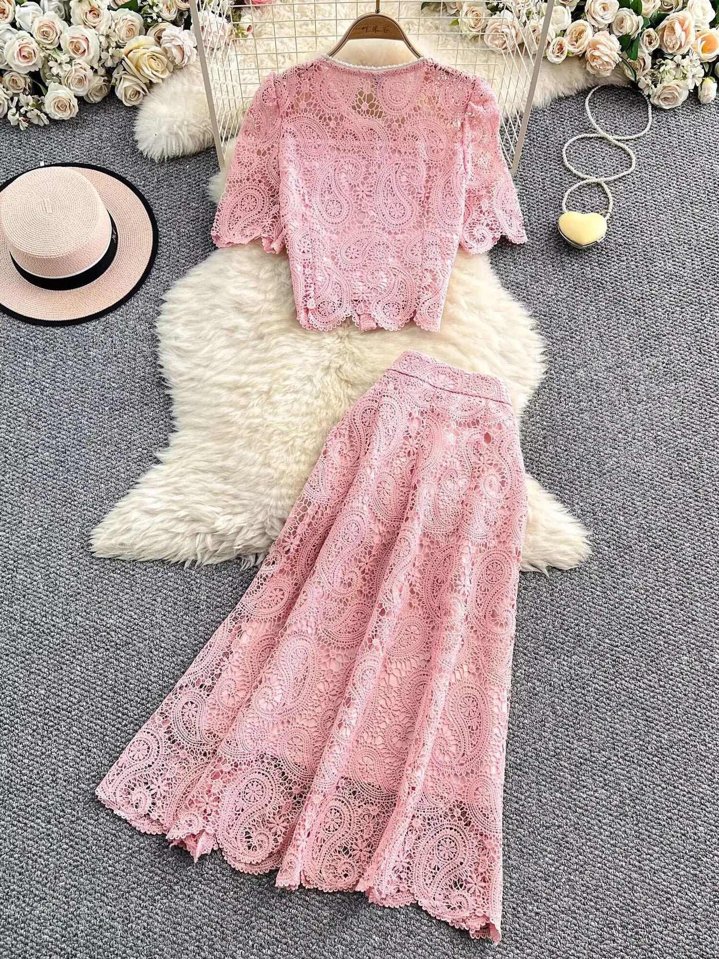 Elegante vestido longo de pérolas, conjunto feminino de 2 peças, manga curta, flor, bordado, camisa de renda, saia midi evasê