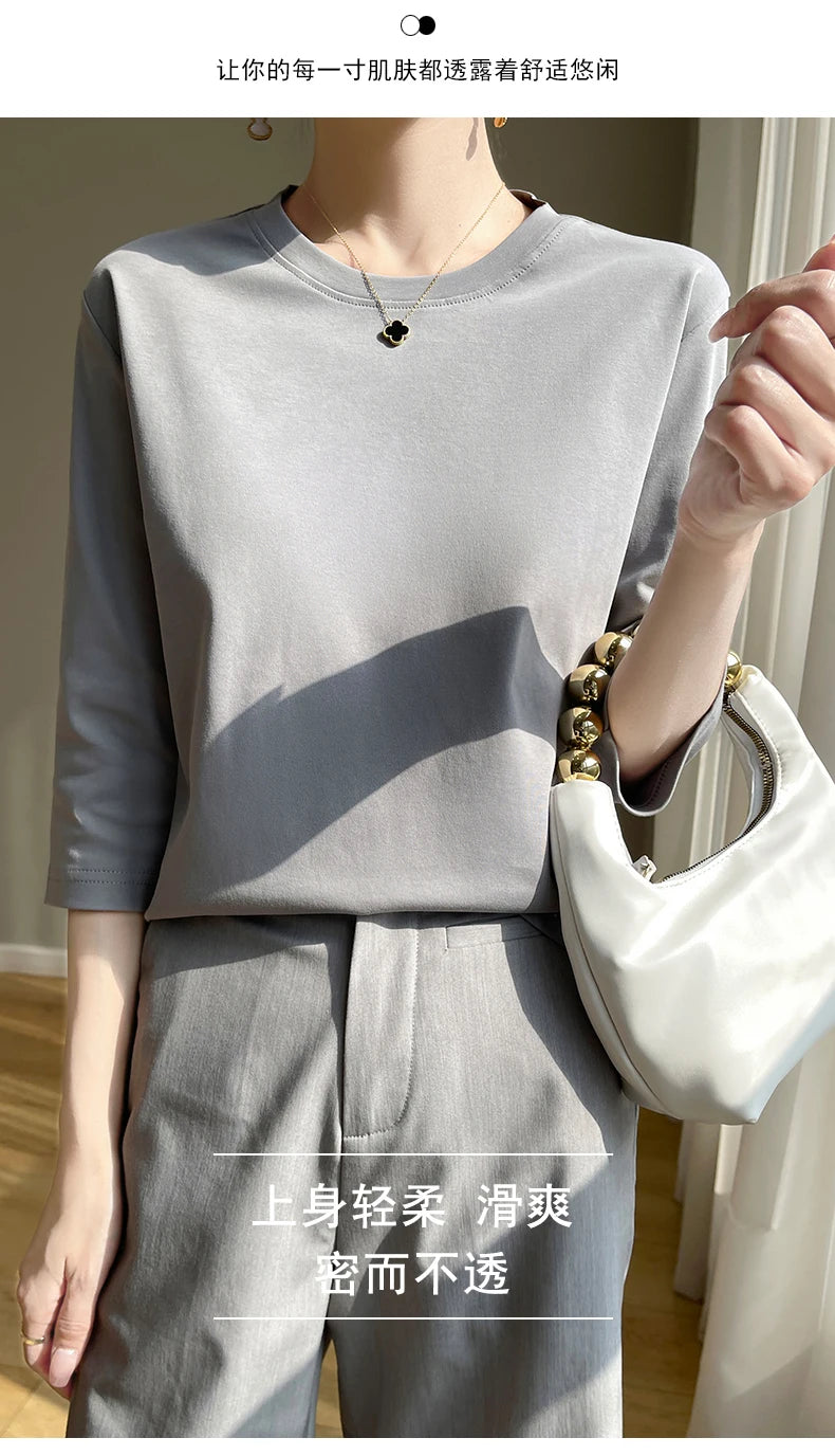 Camiseta feminina de manga curta de algodão mercerizado branco, nova primavera e verão, coringa, algodão, manga curta, camisa