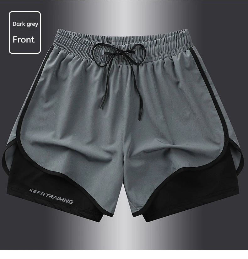 Shorts esportivos casuais anti-exposição de camada dupla masculinos, mais vendidos no verão, para corrida, fitness, calças três quartos
