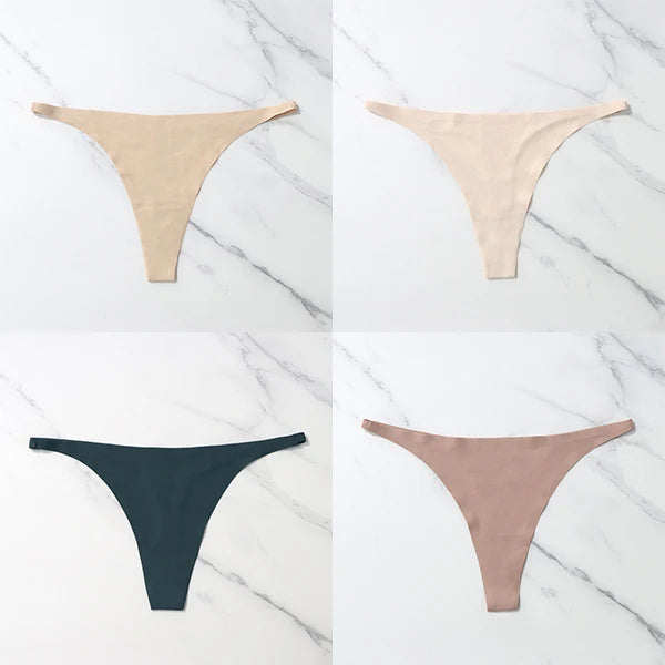 Lote com 4 peças de calcinhas sensuais sem costura, roupa íntima feminina, com cordão de seda gelo, cintura fina, tanga feminina, lisa, tanga feminina, costas nuas