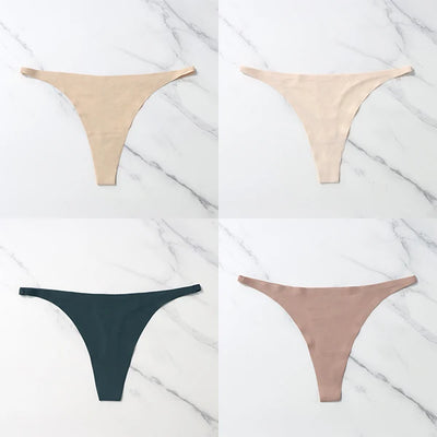 Lote com 4 peças de calcinhas sensuais sem costura, roupa íntima feminina, com cordão de seda gelo, cintura fina, tanga feminina, lisa, tanga feminina, costas nuas