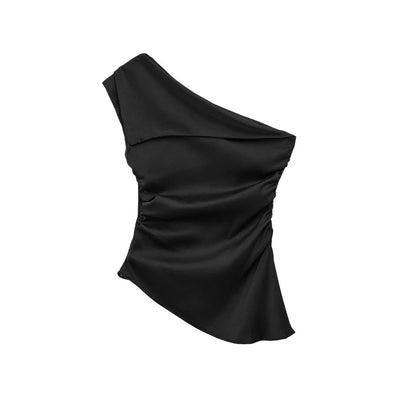 Blusa feminina assimétrica drapeada TRZA, um ombro, zíper lateral, moda chique, camisa feminina