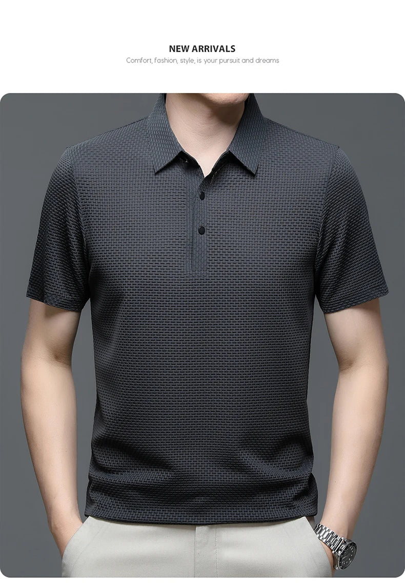 Nova camiseta masculina de manga curta de verão, camisa polo fresca e respirável, casual para negócios, com absorção de suor