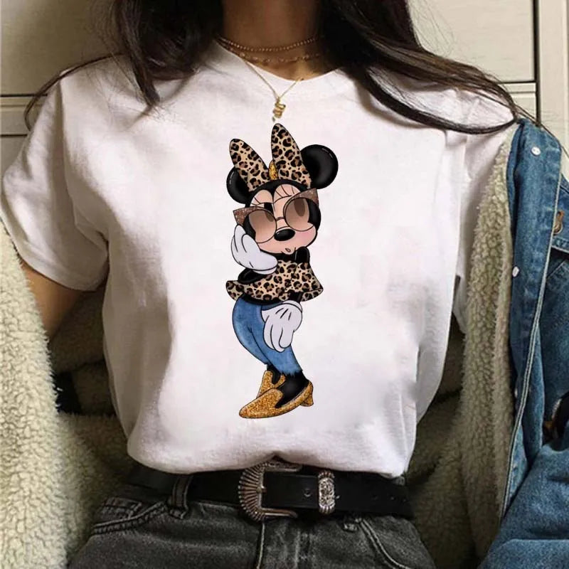 Camisetas fofas de desenho animado da Disney, Mickey Mouse, estampa de leopardo, Minnie, camiseta feminina, verão, branca, manga curta, gola redonda, tops masculinos
