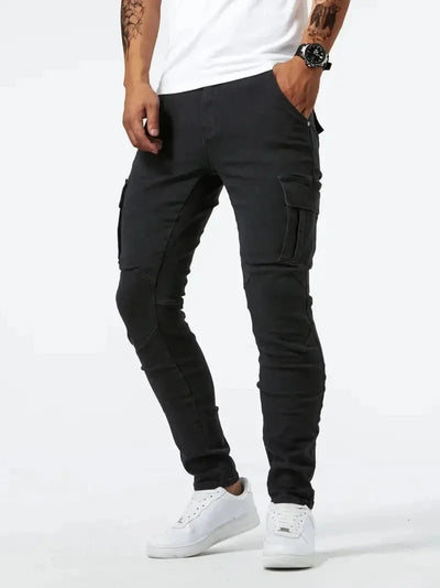 Calça jeans cargo masculina elástica de rua 2025, calça jeans lavada, cor sólida, vários bolsos, casual, cintura média, slim, uso diário, para corrida