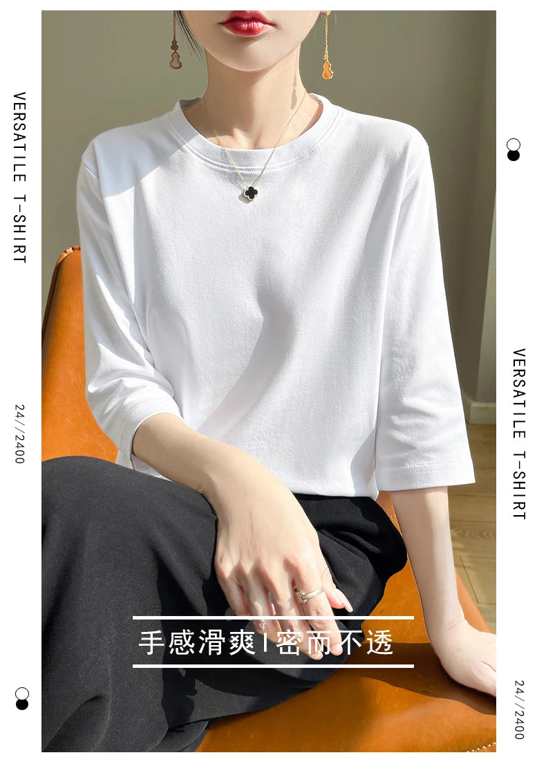 Camiseta feminina de manga curta de algodão mercerizado branco, nova primavera e verão, coringa, algodão, manga curta, camisa