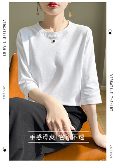 Camiseta feminina de manga curta de algodão mercerizado branco, nova primavera e verão, coringa, algodão, manga curta, camisa