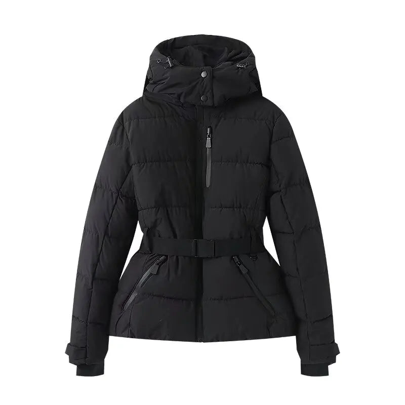 Casacos femininos de inverno com capuz, cintura alta, acolchoados, esportivos, parkas, com cinto, elegantes, grossos, quentes, à prova de vento, jaquetas de esqui