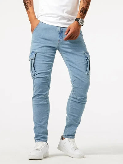 Calça jeans cargo masculina elástica de rua 2025, calça jeans lavada, cor sólida, vários bolsos, casual, cintura média, slim, uso diário, para corrida