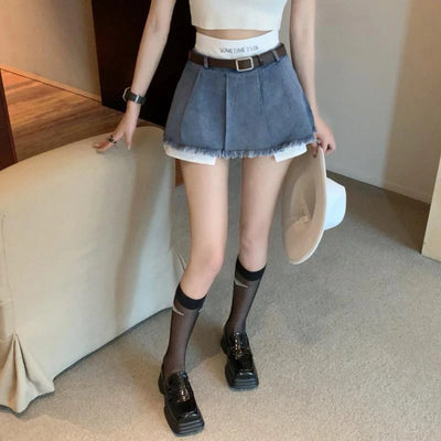 Gidyq Saias Jeans de Cintura Alta Femininas Verão Moda Coreana Patchwork Mini Saias Streetwear Feminino Casual Borlas Saias Jeans