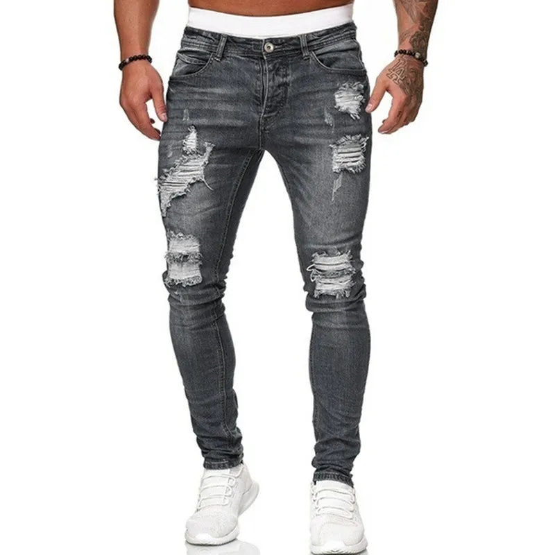 Calça jeans skinny rasgada estilo streetwear masculina, calça jeans vintage lisa com lavagem, calça jeans slim fit casual masculina, calça jeans lápis, promoção imperdível