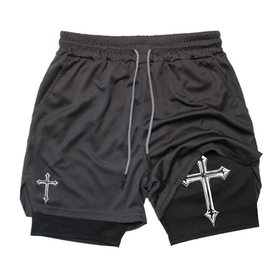 Shorts de corrida 2 em 1 com estampa cruzada para homens, shorts esportivos de academia cristã com forro de compressão, bolso para celular e toalha G