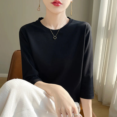 Camiseta feminina de manga curta de algodão mercerizado branco, nova primavera e verão, coringa, algodão, manga curta, camisa