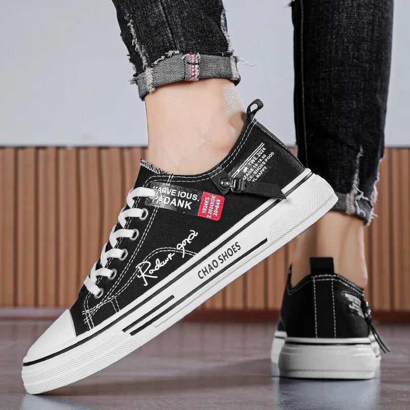 Sapatos casuais masculinos de lona, tênis masculinos respiráveis, calçados esportivos masculinos, sapato de tecido preto, tendência, letra, sapato masculino, tênis de cano baixo