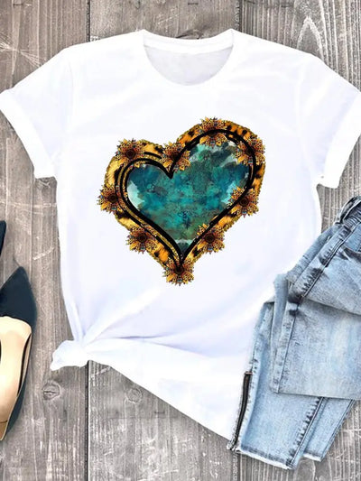 Roupas de verão leopardo amor coração doce moda feminina camisetas casuais manga curta regular camiseta feminina gráfica roupas