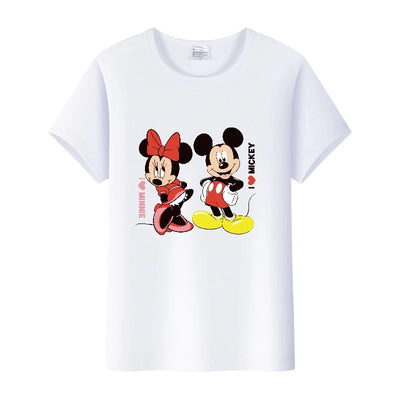 Camisetas fofas de desenho animado da Disney, Mickey Mouse, estampa de leopardo, Minnie, camiseta feminina, verão, branca, manga curta, gola redonda, tops masculinos