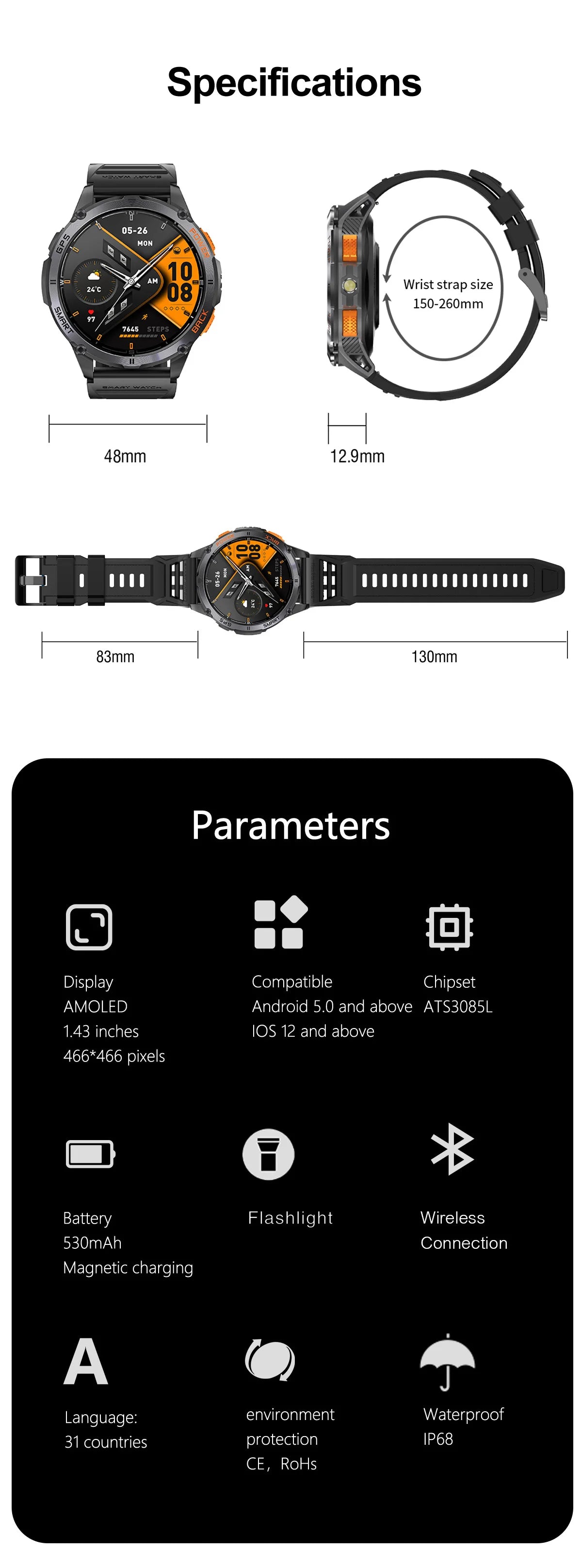 Relógio inteligente LIGE GPS premium, novo, altímetro, barômetro, tela AMOLED, GPS e bússola integrados, relógio inteligente esportivo militar masculino