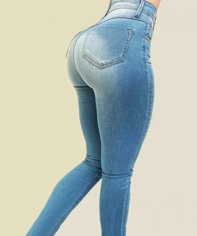 Calça jeans feminina de cor pura, jeans de cintura alta, peça de rua que cultiva a moralidade, calças que modelam a figura com jeans de cintura alta