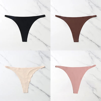 Lote com 4 peças de calcinhas sensuais sem costura, roupa íntima feminina, com cordão de seda gelo, cintura fina, tanga feminina, lisa, tanga feminina, costas nuas