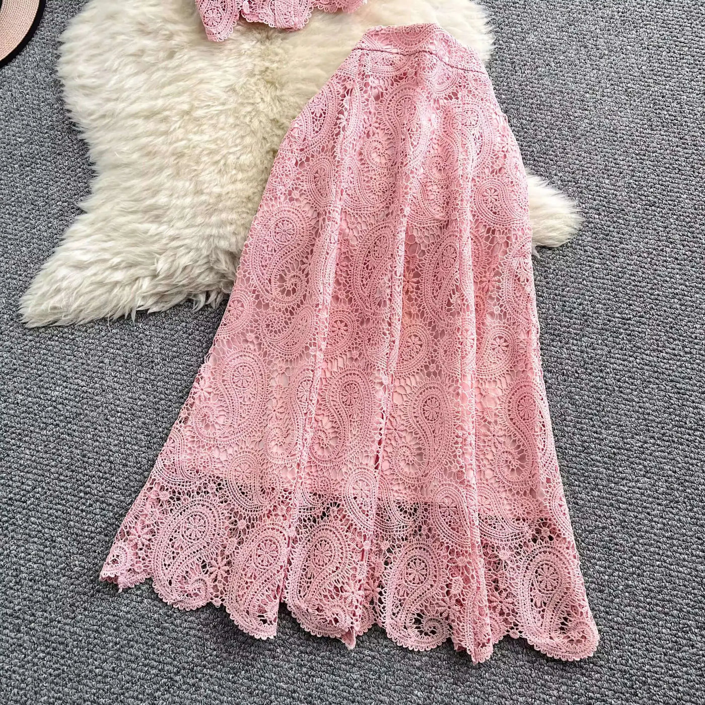 Elegante vestido longo de pérolas, conjunto feminino de 2 peças, manga curta, flor, bordado, camisa de renda, saia midi evasê