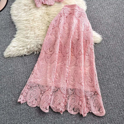 Elegante vestido longo de pérolas, conjunto feminino de 2 peças, manga curta, flor, bordado, camisa de renda, saia midi evasê