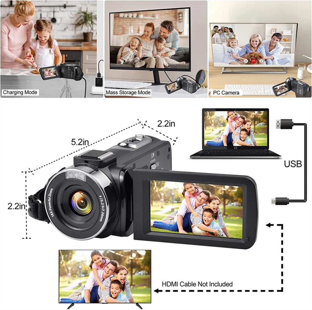 Câmera de vídeo 8K, tela LCD sensível ao toque de 3 polegadas, 60 FPS/64 MP, zoom digital de 18x, gravadora Ultra HD, Wi-Fi, filmadora portátil