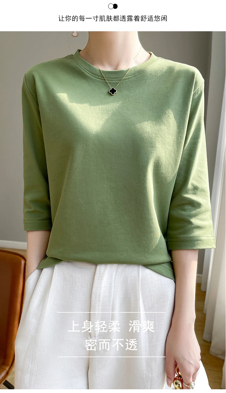 Camiseta feminina de manga curta de algodão mercerizado branco, nova primavera e verão, coringa, algodão, manga curta, camisa