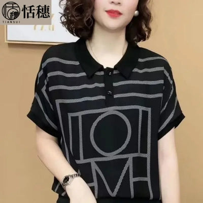 Camiseta feminina de verão, estampa de escritório, gola polo, manga curta, casual, solta, fina, para combinar