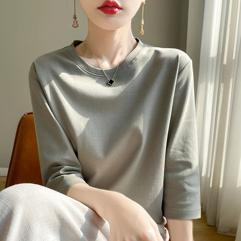 Camiseta feminina de manga curta de algodão mercerizado branco, nova primavera e verão, coringa, algodão, manga curta, camisa