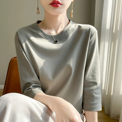 Camiseta feminina de manga curta de algodão mercerizado branco, nova primavera e verão, coringa, algodão, manga curta, camisa