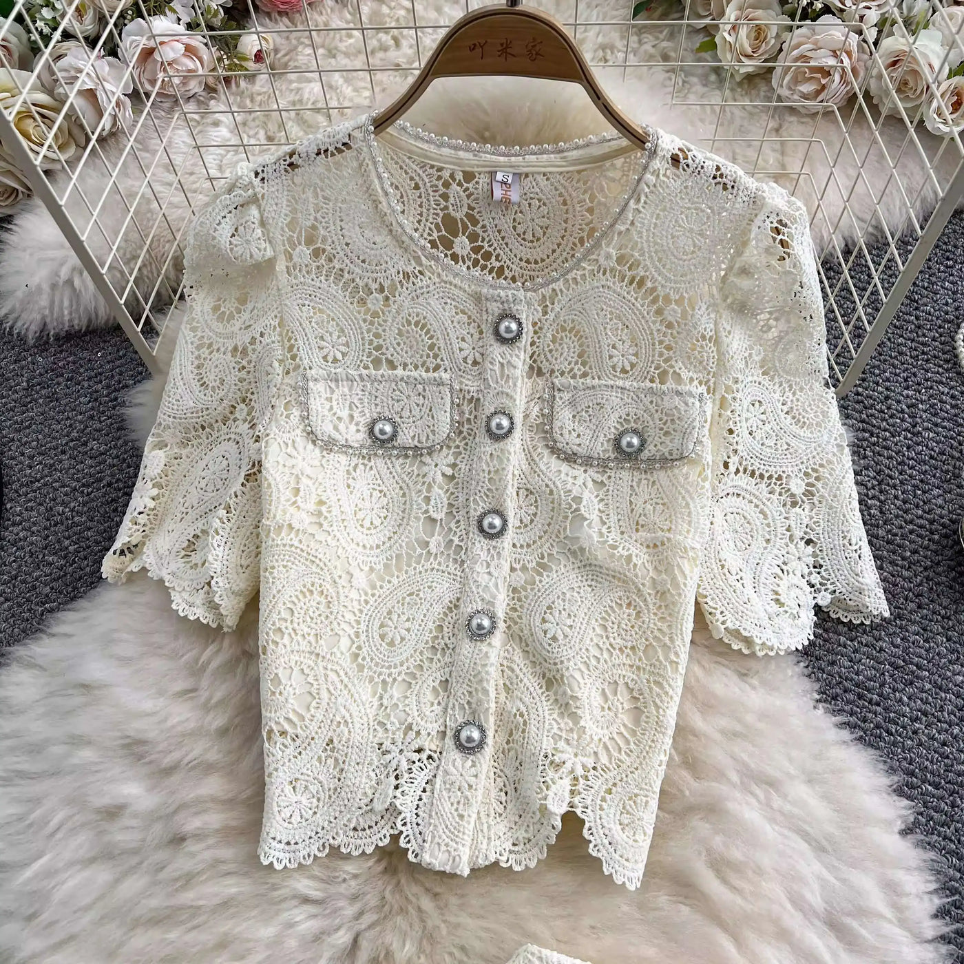 Elegante vestido longo de pérolas, conjunto feminino de 2 peças, manga curta, flor, bordado, camisa de renda, saia midi evasê