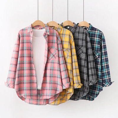 Camisa xadrez de flanela feminina 2024, novas blusas e tops femininos, camisas casuais de manga comprida soltas de algodão, roupas femininas finas