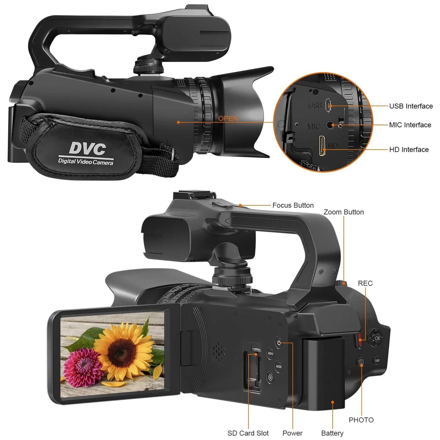 Câmera de vídeo profissional 6K para fotografia, zoom digital de 18x, visão noturna, câmera de vlog, webcam de transmissão ao vivo com WiFi de 64 MP