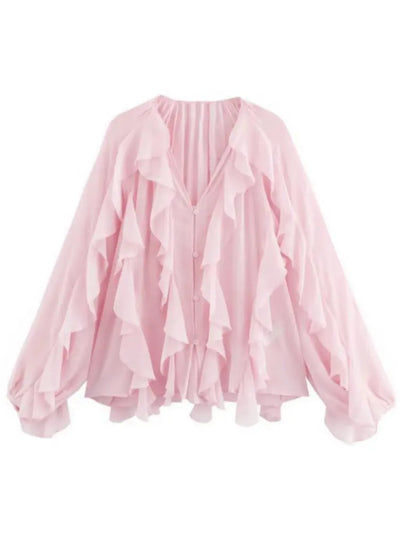 Camisas femininas elegantes, soltas, de manga comprida, em camadas, para escritório, vintage, com decote em V, translúcidas, com babados em camadas, verão 2025