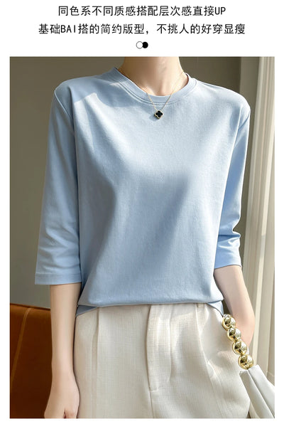 Camiseta feminina de manga curta de algodão mercerizado branco, nova primavera e verão, coringa, algodão, manga curta, camisa