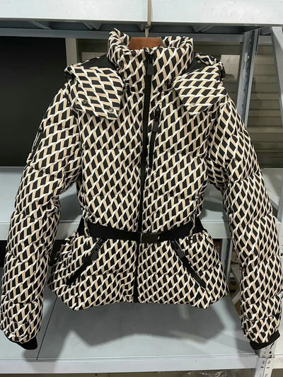 Casacos femininos de inverno com capuz, cintura alta, acolchoados, esportivos, parkas, com cinto, elegantes, grossos, quentes, à prova de vento, jaquetas de esqui