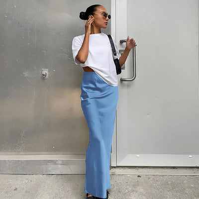 Saias elegantes de cetim preto trompete moda saias finas de cintura alta femininas sólidas escritório saia longa primavera verão