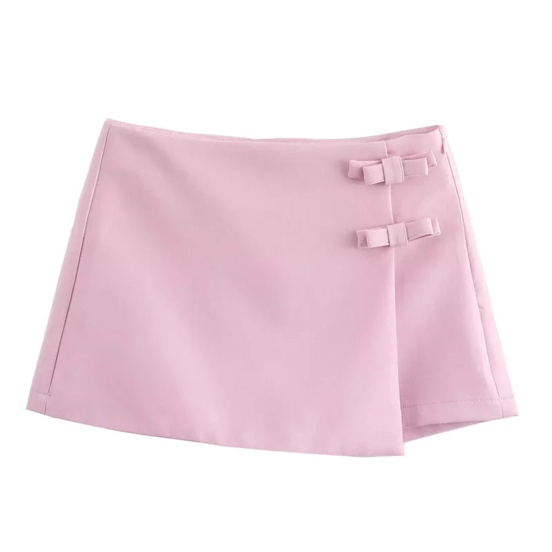 TRAF Saia-calça curta feminina com laço rosa, cintura alta, mini saia branca, moda verão, feminina, streetwear, culottes assimétricas