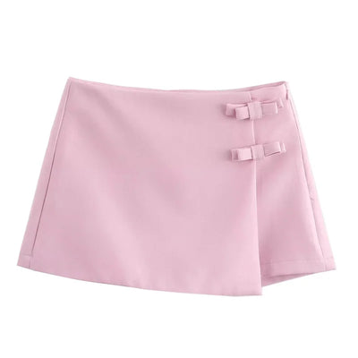 TRAF Saia-calça curta feminina com laço rosa, cintura alta, mini saia branca, moda verão, feminina, streetwear, culottes assimétricas