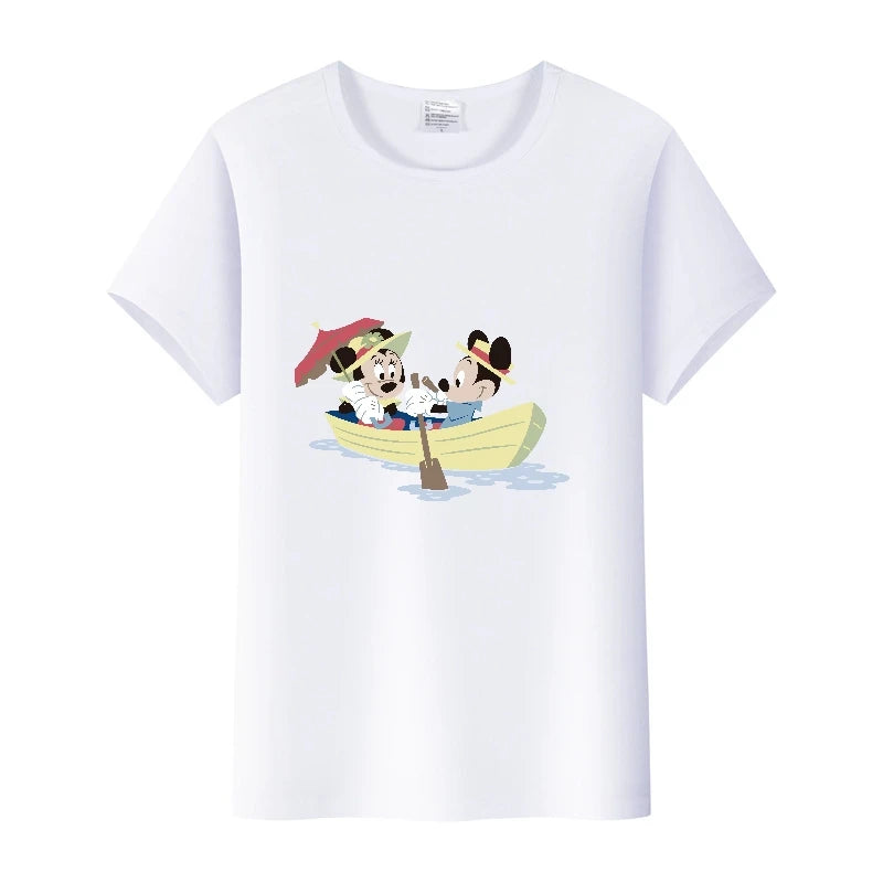 Camisetas fofas de desenho animado da Disney, Mickey Mouse, estampa de leopardo, Minnie, camiseta feminina, verão, branca, manga curta, gola redonda, tops masculinos