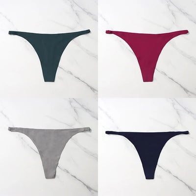 Lote com 4 peças de calcinhas sensuais sem costura, roupa íntima feminina, com cordão de seda gelo, cintura fina, tanga feminina, lisa, tanga feminina, costas nuas