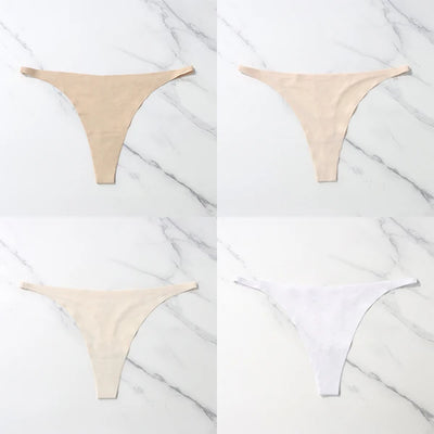 Lote com 4 peças de calcinhas sensuais sem costura, roupa íntima feminina, com cordão de seda gelo, cintura fina, tanga feminina, lisa, tanga feminina, costas nuas