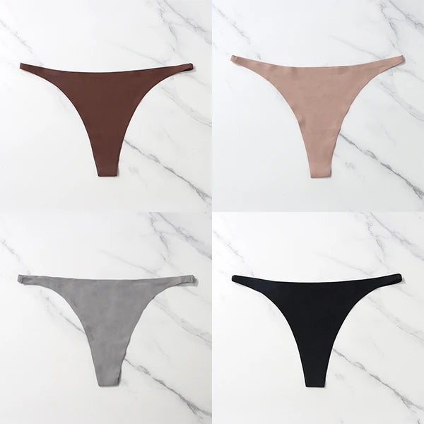 Lote com 4 peças de calcinhas sensuais sem costura, roupa íntima feminina, com cordão de seda gelo, cintura fina, tanga feminina, lisa, tanga feminina, costas nuas