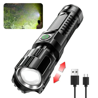 Lanterna LED de alta potência 2000LM, lanterna tática com luz de exibição, carregamento USB, acampamento, pesca, emergência, zoom
