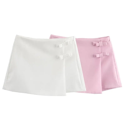 TRAF Saia-calça curta feminina com laço rosa, cintura alta, mini saia branca, moda verão, feminina, streetwear, culottes assimétricas