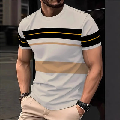 Camiseta listrada casual masculina 2025, manga curta, camisetas grandes, gola redonda, pulôver, camisas masculinas de rua, roupas de verão